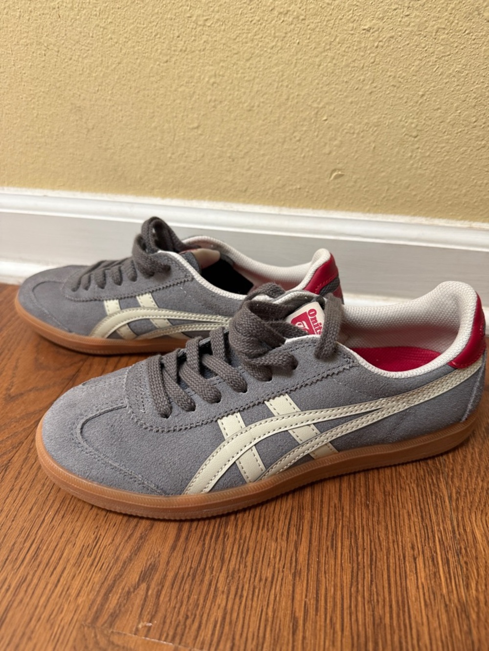 Onitsuka Tiger by Asics Gray Suede Sneakers with Cream Stripes and Red Accents